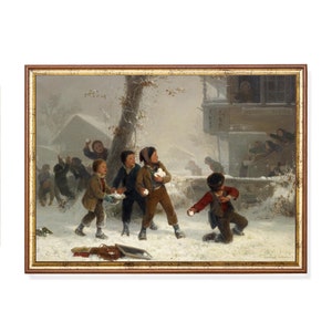 Dipinto vintage a palle di neve / Scena invernale antica / Decorazioni per la casa di Natale / Download digitale / Arte da parete stampabile / Arredamento della fattoria / Belle arti