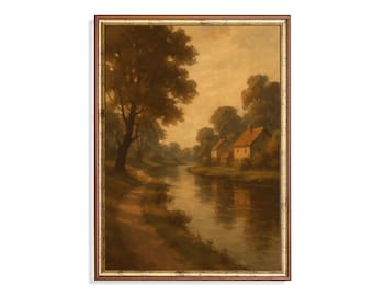 Vintage River Cottage Print, Rustic Landscape Wall Art, Farmhouse Decor (Digital Download)