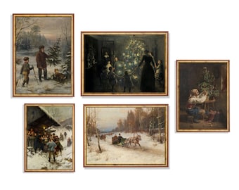 Vintage Christmas Prints | Antique Painting | Gallery Wall Set Of 5 Print | Winter Holiday Print | Moody Vintage Wall Art | Digital Download