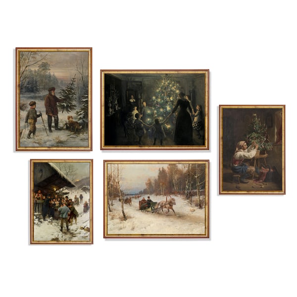 Vintage Christmas Prints | Antique Painting | Gallery Wall Set Of 5 Print | Winter Holiday Print | Moody Vintage Wall Art | Digital Download