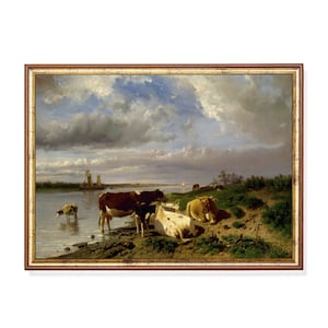 Printed and Shipped | Landscape with Cattle | Antique Cows Painting | Country Farmhouse Decor | Physical Prints | Horizontal Fine Art