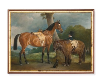 May include: An antique framed painting depicts a brown horse and a pony with saddles, a person in a top hat, and a small black dog. The artwork is set in a pastoral landscape with a tree in the background.