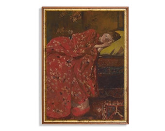 Print and Ship | Vintage Portrait Painting | Girl in Red Kimono | Antique Girl Portrait | Mailed Art | 18th Century Fine Art Print