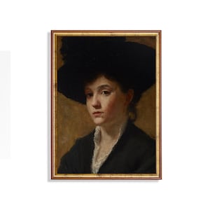 Print and Ship | Vintage Portrait Painting | Woman Portrait | Lady with a Hat | Antique Woman Painting | Fine Art | Mailed Art