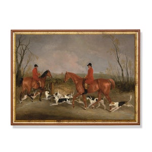 Vintage Fuchs Jagdszene Kunstdruck, Antike Reiter Gemälde mit Jägern, Pferden und Hunden, Country Sport Wanddekoration, digitaler Download