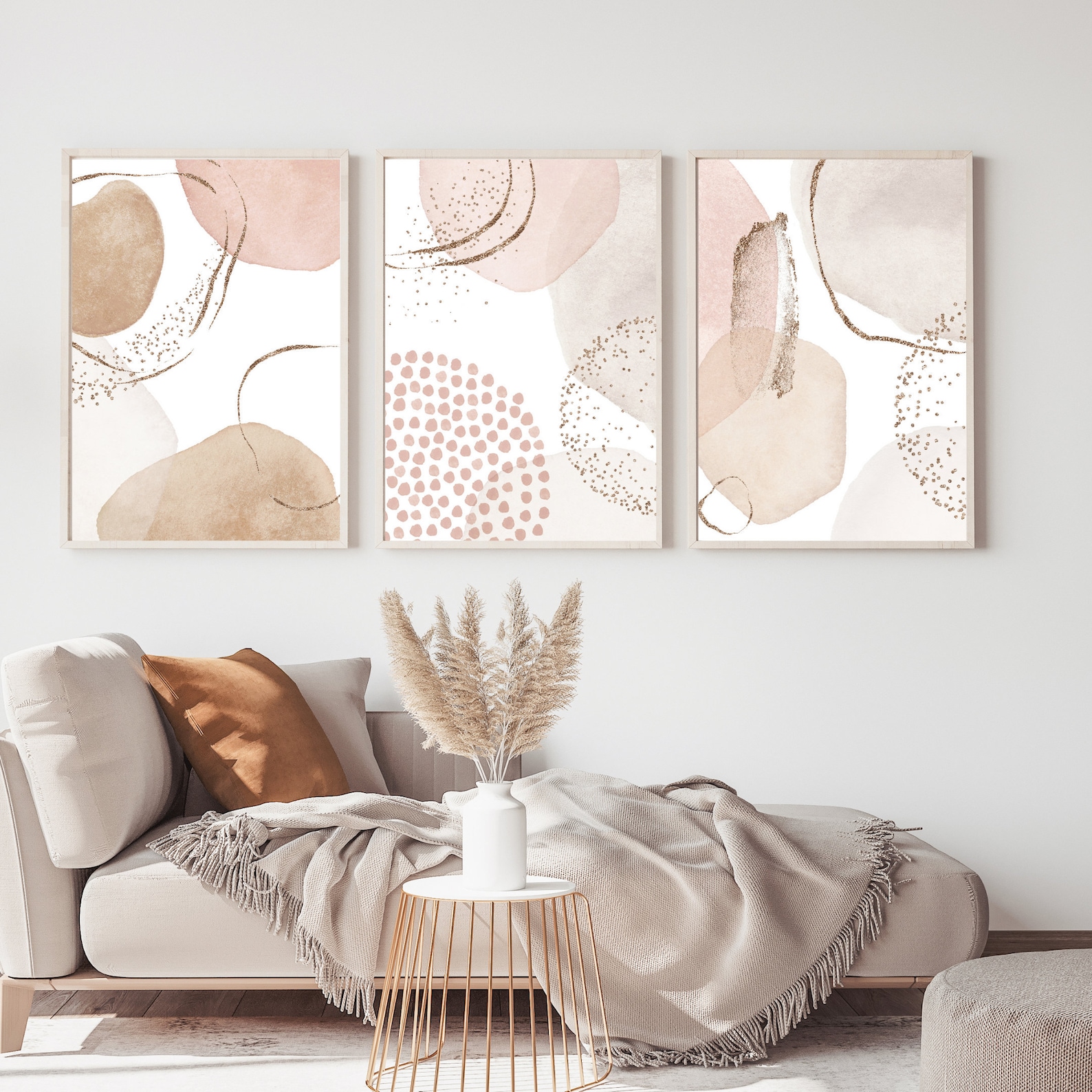 Blush Pink Abstract Art Prints: Beige Boho Wall Art Set (digital ...