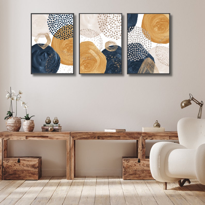 3 Piece Wall Art Navy Blue Mustard Ivory Gold Art Trendy Etsy