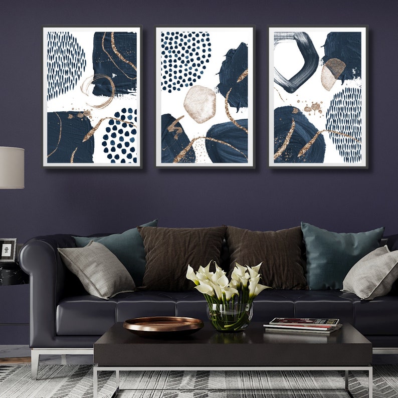 Navy Blue Gold Wall Art Print Set of 3 Nordic Printable Poster Etsy