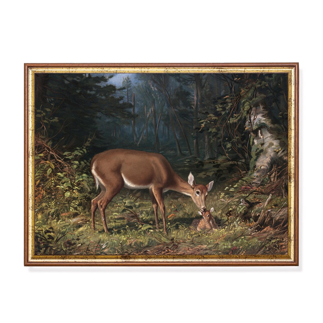 Vintage Deer Painting | Antique Animal Print | Moody Rustic Artwork ...