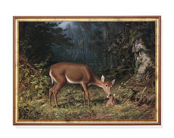 Vintage Deer and Fawn Painting: Moody Farmhouse Art Print