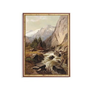 Vintage Landscape Painting | Antique Country Landscape | Rustic Mountain Print | Digital Download | Printable Wall Art | Farmhouse Decor
