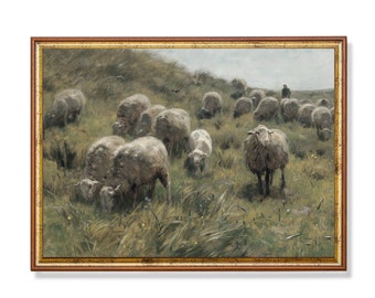 Vintage Painting | Antique Sheep Landscape Print | Farm Field Country Side Rustic Painting | Digital Download | Farm Animals Printable Art