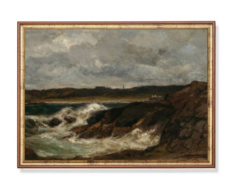 Vintage Seascape Art Print – Stormy Coastal Cliff Landscape Painting, Moody Shore Wall Art