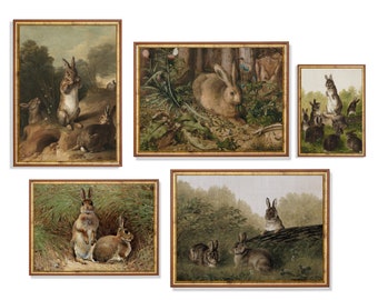 Vintage Gallery Wall | Set of 5 Prints | Antique Rabbit Painting | Bunnies Print | Digital Download | Printable Wall Art | Farmhouse Decor