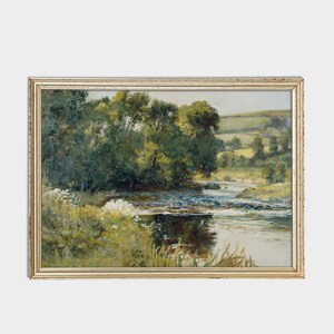 May include: A painting of a river winding through a lush green landscape. The river is surrounded by trees and bushes, and the sky is a light blue. The painting is framed in a gold frame.