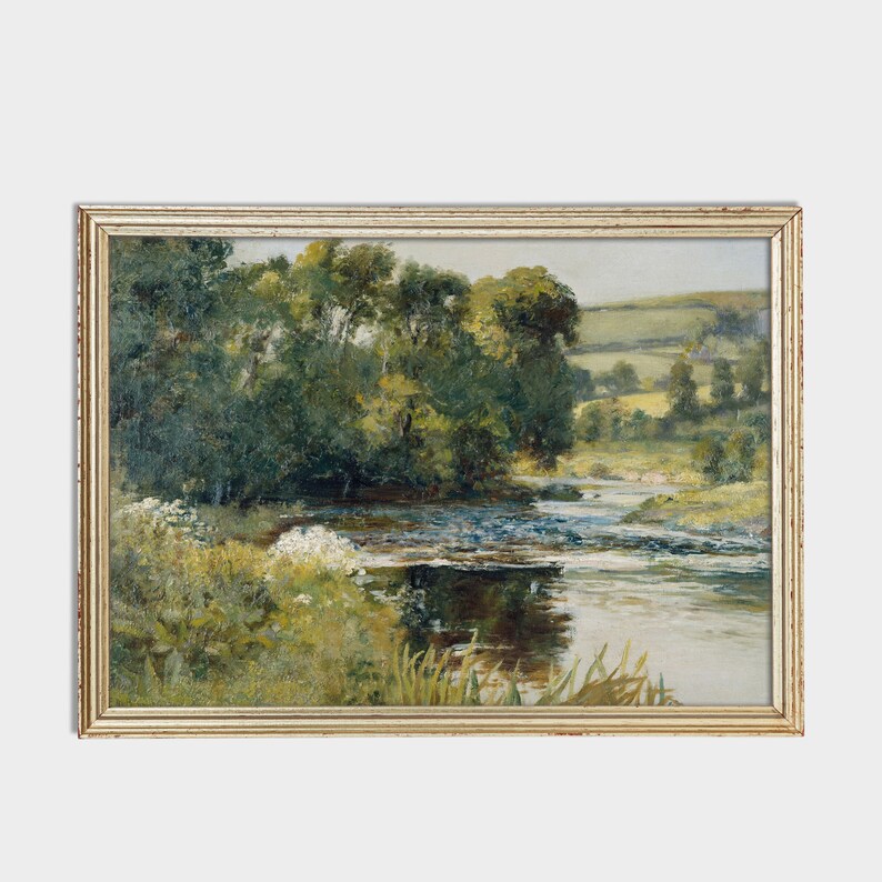May include: A painting of a river winding through a lush green landscape. The river is surrounded by trees and bushes, and the sky is a light blue. The painting is framed in a gold frame.