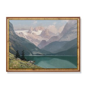 Vintage Mountain Lake Painting | Antique Landscape Print | Farmhouse Decor | Digital Download | Printable Wall Art | Nature Rustic Fine Art