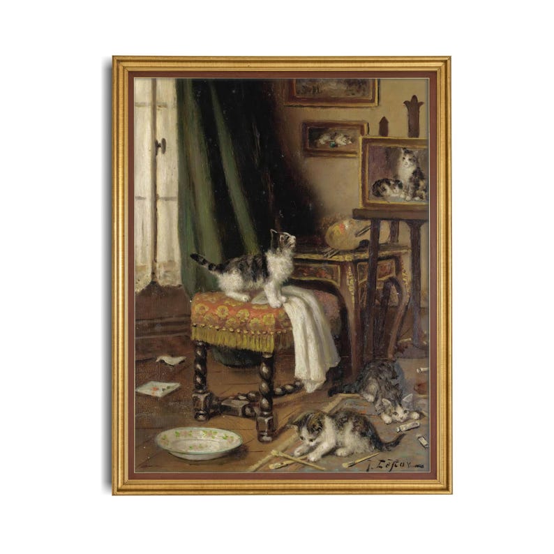 May include: An oil painting in a gold frame showing a domestic interior with kittens. One kitten stands on a patterned stool, others play on the floor. The scene includes a window, furniture, and a bowl, creating a detailed, classic artwork.
