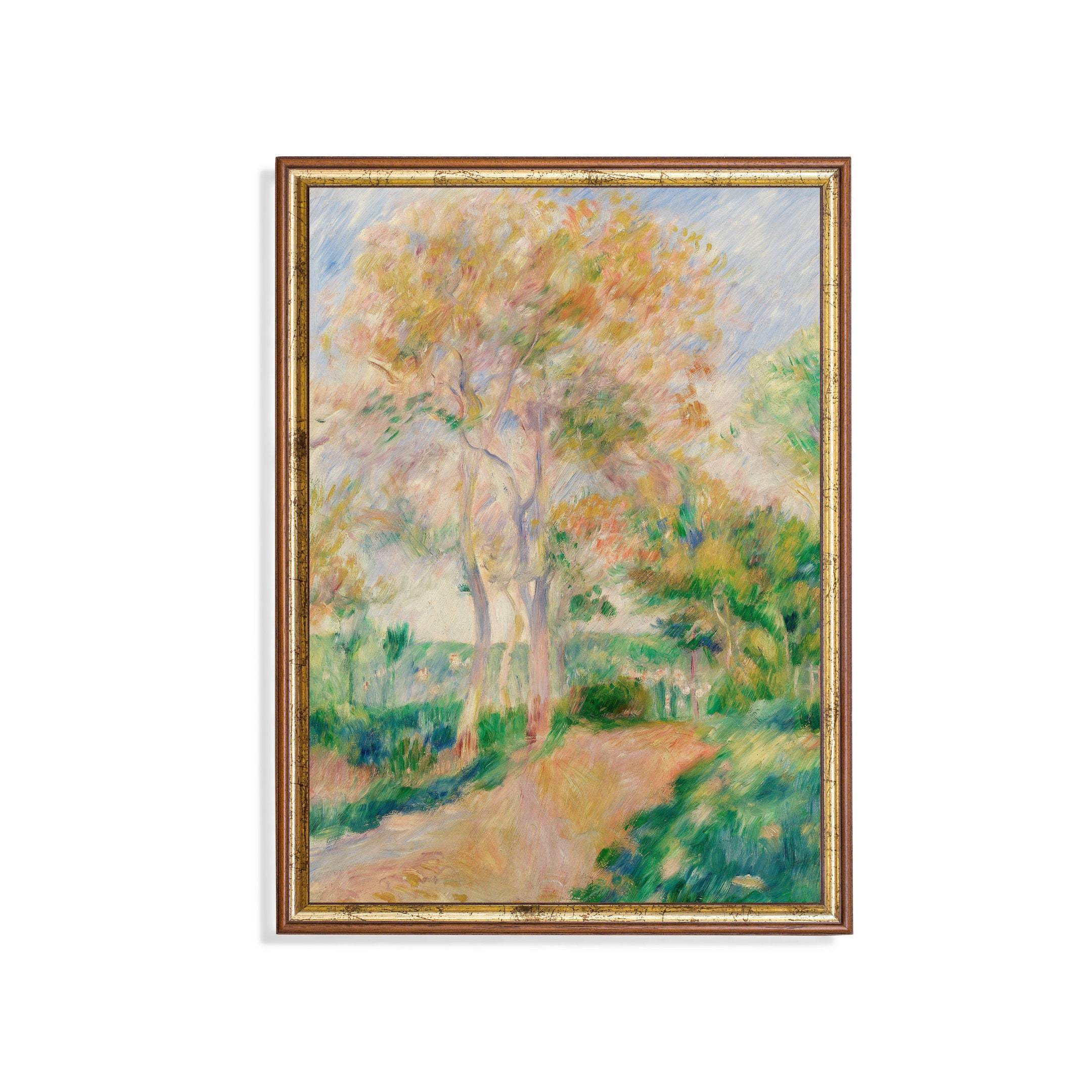ルノワール印象派の庭の小道の絵画：ヴィンテージの樹木風景（デジタル