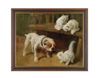 Vintage Dog and Cats Painting: Antique Animal Art Print