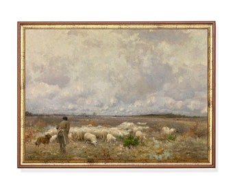 Vintage landschapsschilderij met schapen: rustieke fine-art print