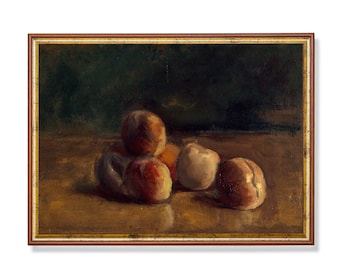 Vintage Still Life with Peaches Print: Rustic Kitchen Decor