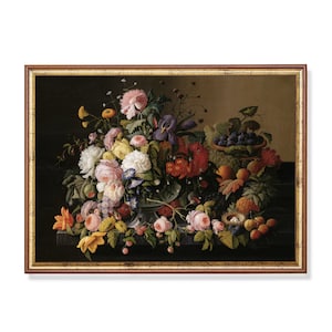 Vintage stillevenprint: fruit en bloemen, donker academische keukendecor