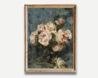 Vintage Rose Still Life Print: Moody Floral Oil Painting