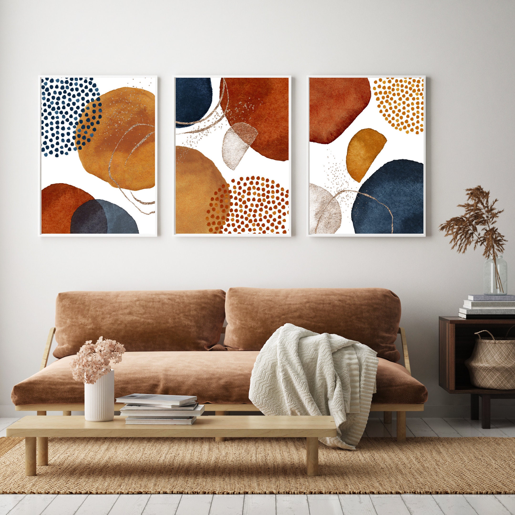 Set of 3 Prints Abstract Wall Art Boho Prints Navy Blue Burnt Etsy
