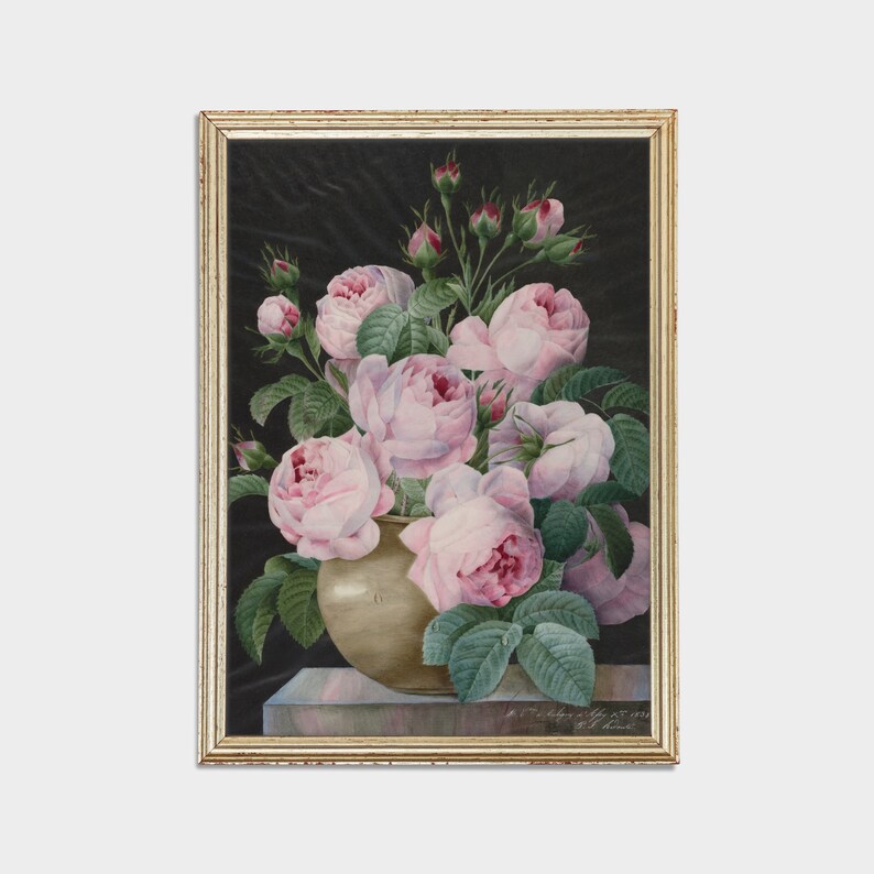 Vintage Floral Print: Pink Roses Still Life, Rustic Moody Art - Etsy
