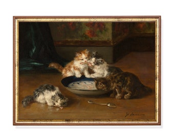 Vintage Kittens Painting Print: Antique Farmhouse Cat Art