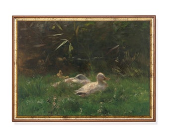 Vintage Ducks Painting: Antique Country Landscape Art Print