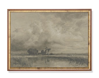 Print and Ship | Landscape Sketch Print | Vintage Drawing | Neutral Rustic Country Decor | Antique Wall Art | Scenery Art | River Landscape