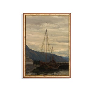 Vintage Sailing Boat Painting | Antique Coastal Decor | Moody Rustic Print | Seascape Fine Print | Instant Download | Printable Wall Art