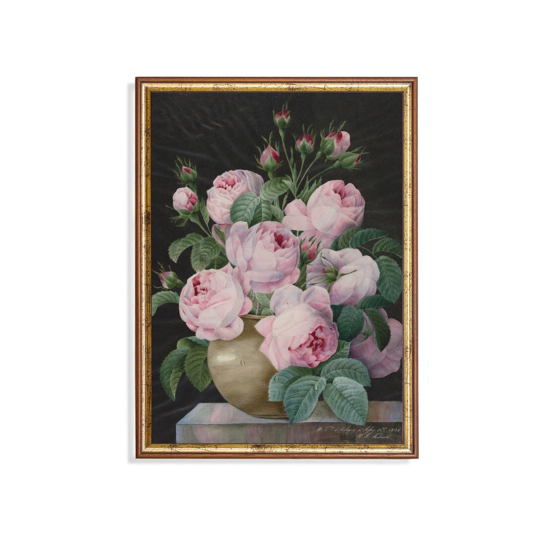 Vintage Floral Print: Pink Roses Still Life, Rustic Moody Art - Etsy