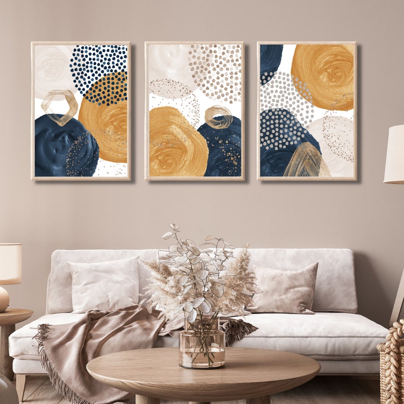 3 Piece Wall Art Navy Blue Mustard Ivory Gold Art Trendy Etsy