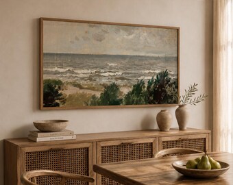 Vintage-Kunstdruck mit Meereslandschaft – Stimmungsvolle Meereswellen, windgepeitschter Strand – Wandbild