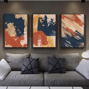 3 Piece Wall Art Terracotta Navy Blue Mustard Beige Ivory Gold Oil Painting Print Digital Download Scandinavian Abstract Print Set of Three