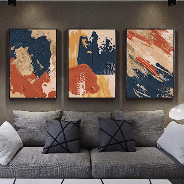 3 pièces Art mural terre cuite bleu marine moutarde Beige ivoire or peinture à l’huile impression numérique téléchargement impression abstraite scandinave ensemble de trois