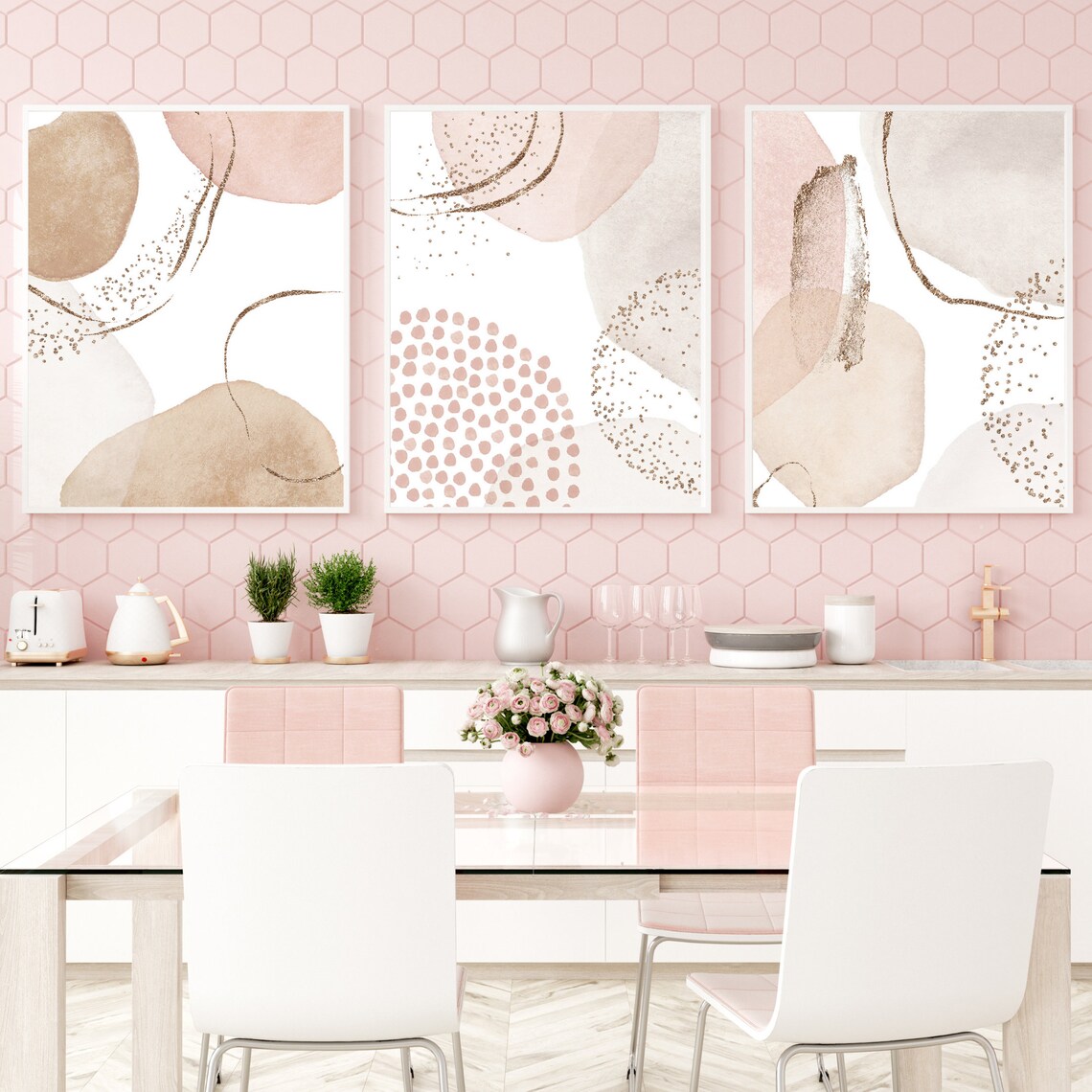 Blush Pink Abstract Art Prints: Beige Boho Wall Art Set (digital ...