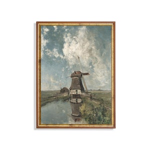 Vintage Windmill Painting: Antique Farmhouse Landscape Art Print