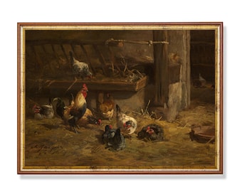 Vintage Rooster Painting: Moody Farmhouse Animal Print