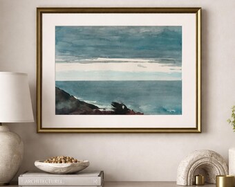 ヴィンテージの海景プリント：ムーディーな海岸の水彩画 - Etsy 日本