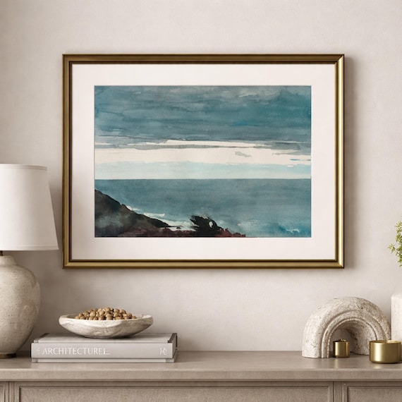 ヴィンテージの海景プリント：ムーディーな海岸の水彩画 - Etsy 日本