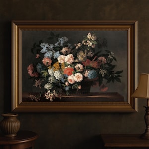 Dark Floral Still Life Print: Antique Oil Painting Style