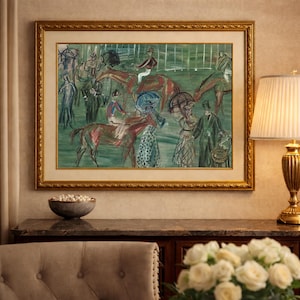 May include: An original framed painting depicting a horse race scene. The artwork features horses and figures in a loose, impressionistic style, with a gold frame. The color palette includes greens, reds, and blues.