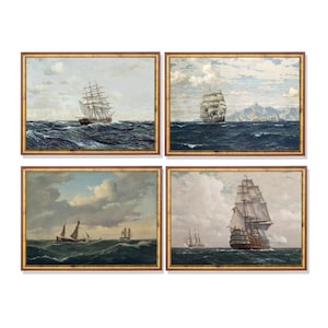 May include: Four framed paintings of sailing ships on a stormy sea. Each artwork shows a different vessel, with detailed rigging and sails, set against a backdrop of dramatic skies. The frames are a warm, golden brown.