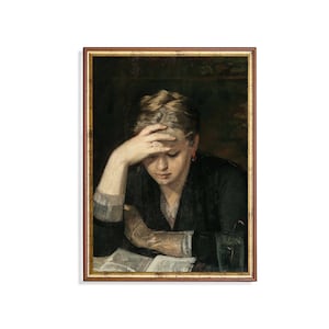 Vintage vrouwenlezing print: antieke reproductie olieverfschilderij
