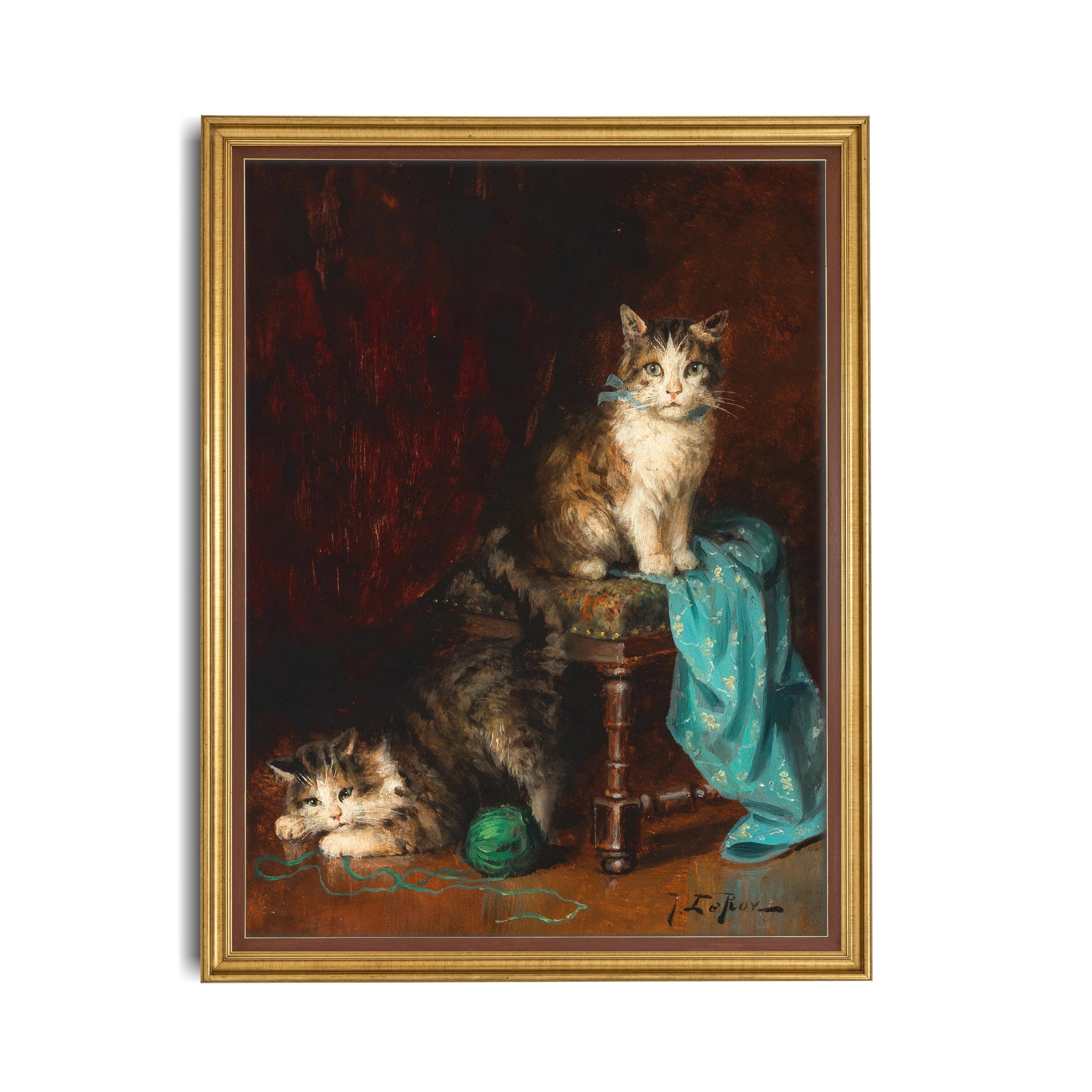 ヴィンテージ猫の絵画：アンティークな子猫のプリント、農家風