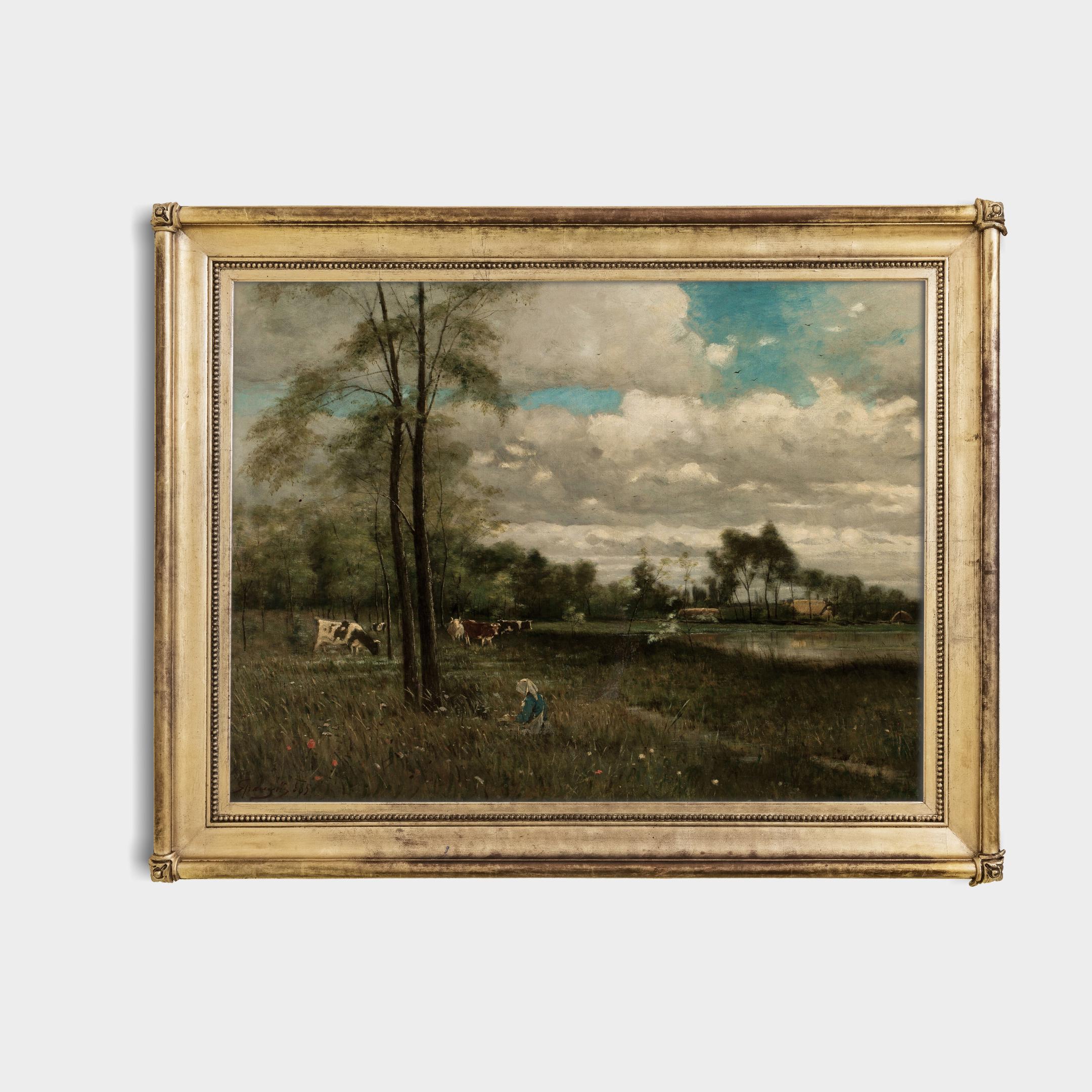 ヴィンテージの田園風景画：牛と農家、素朴な田舎風インテリア